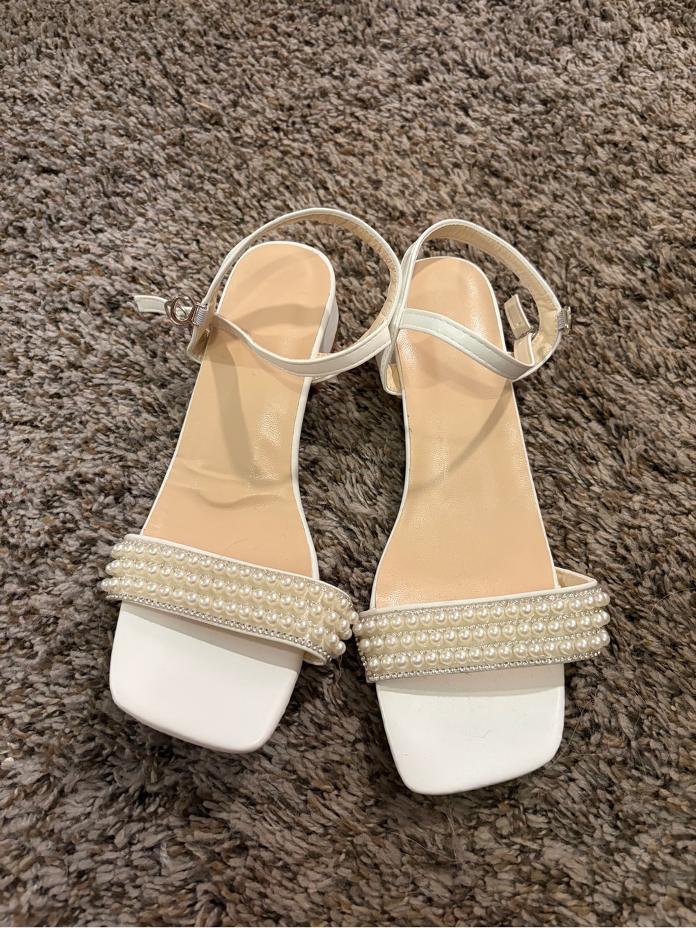 SHEIN White Pearl-Embellished Ankle-Strap Heels